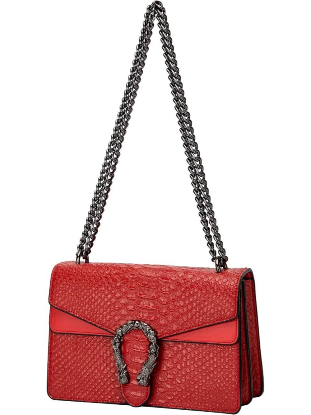 Women's A Red Leather Snake Print Vintage Purse Chain Crossbody Bag